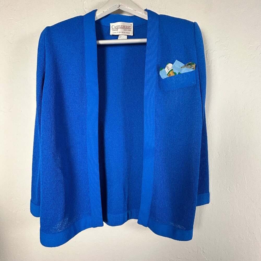 Castleberry Women's Open Front Cardigan Sweater Knitted Pocket Hanky Blue VTG